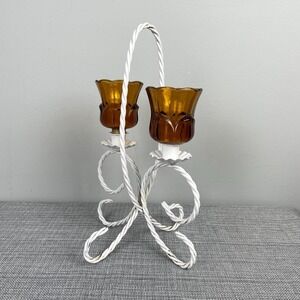 VTG Cottagecore Boho White Twisted‎ Metal Amber Glass Candle Holder Centerpiece